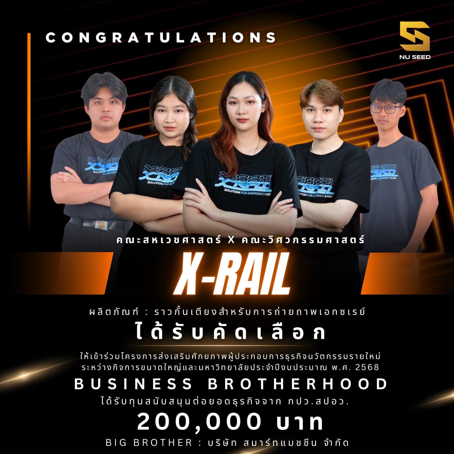 ทีม X-RAIL สร้างความสำเร็จต่อเนื่อง ผ่านเข้าร่วมโครงการ Business Brotherhood และได้รับทุนสนับสนุนต่อยอดธุรกิจ มูลค่าถึง 200,000 บาท